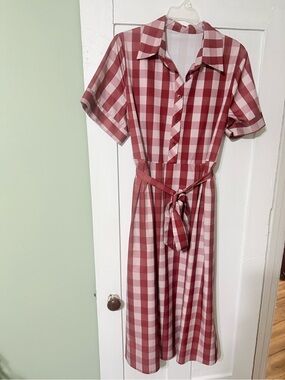 Red and White Gingham Belted Button-Front Midi Dress